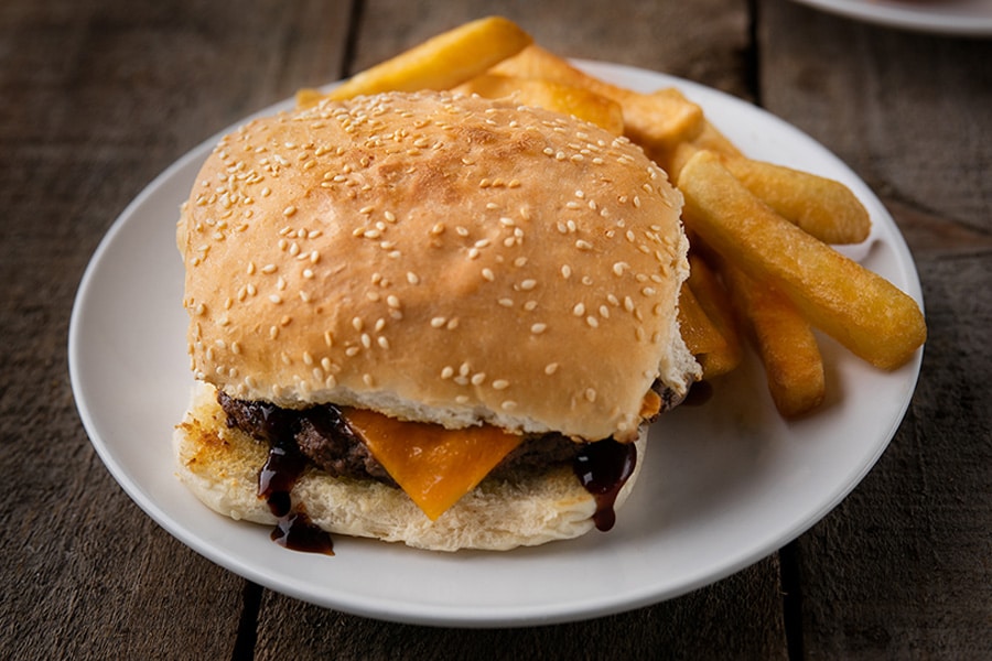 kids cheese burger and chips